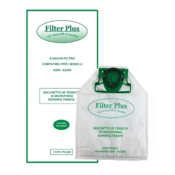 CONF. 6  SACCHETTI FILTRO TESSUTO MICROFIBRA MULTISTRATO FILTERPLUS COMPATIBILI K200 - K220S IN SCATOLA  MADE IN PRC
