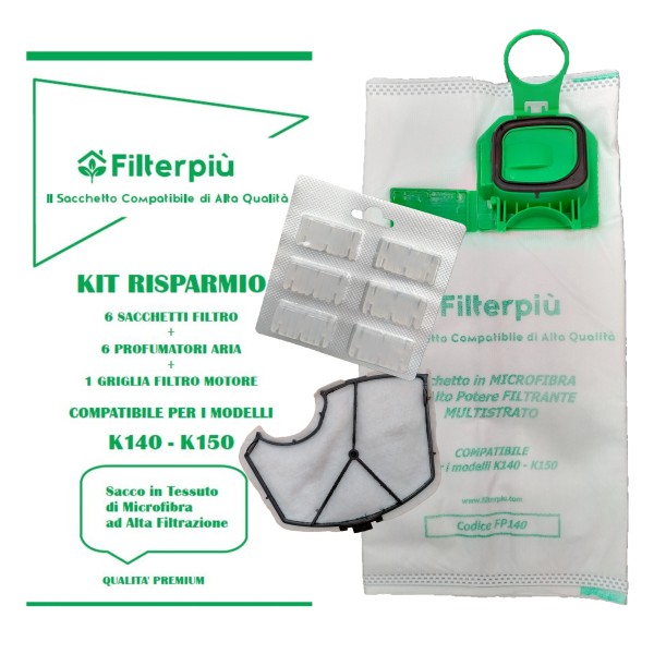SET CURA ASPIRAPOLVERE - 6 SACCHETTI TESSUTO + 6 PROFUMATORI + 1 GRIGLIA FILTRO COMPATIBILE MODELLI K140 -K150 SET CURA ASPIRAPOLVERE - 6 SACCHETTI TESSUTO + 6 PROFUMATORI + 1 GRIGLIA FILTRO COMPATIBILE MODELLI K140 -K150