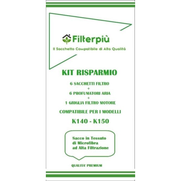 SET CURA ASPIRAPOLVERE - 6 SACCHETTI TESSUTO + 6 PROFUMATORI + 1 GRIGLIA FILTRO COMPATIBILE MODELLI K140 -K150 SET CURA ASPIRAPOLVERE - 6 SACCHETTI TESSUTO + 6 PROFUMATORI + 1 GRIGLIA FILTRO COMPATIBILE MODELLI K140 -K150